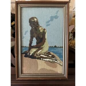 Vintage framed cross-stitch embroidery  of a little mermaid blue brown 16x10.5”